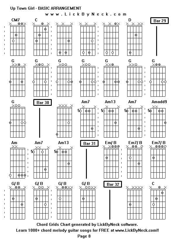 Chord Grids Chart of chord melody fingerstyle guitar song-Up Town Girl - BASIC ARRANGEMENT,generated by LickByNeck software.